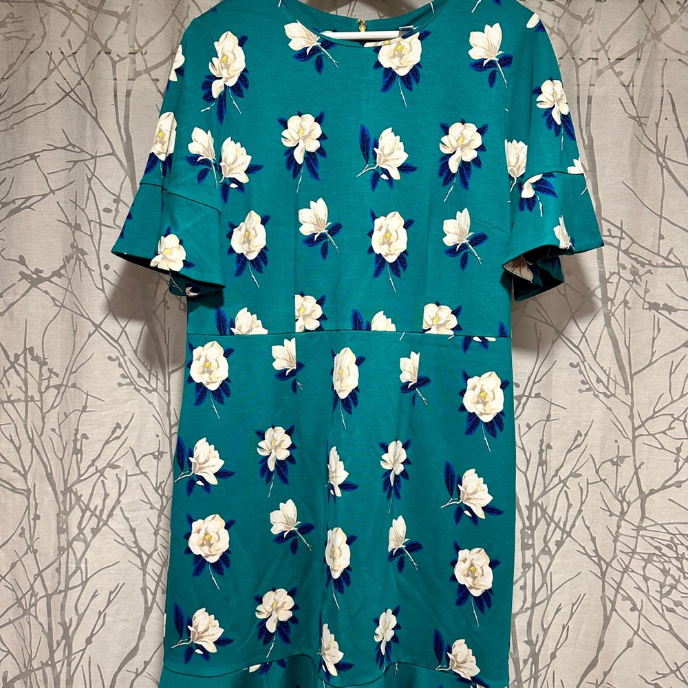 Draper James Teal and White Floral Magnolia Flutter Sleeve Dress Size L (8-10)